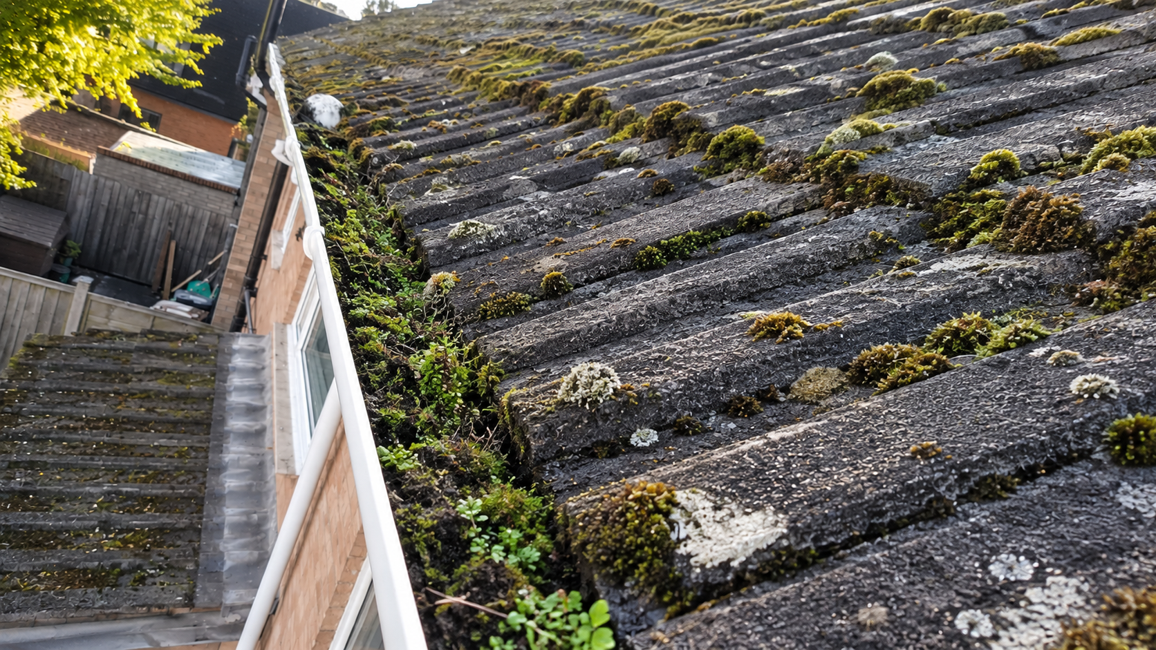 Pre-clean gutter survey showing heavy sludge and blockages